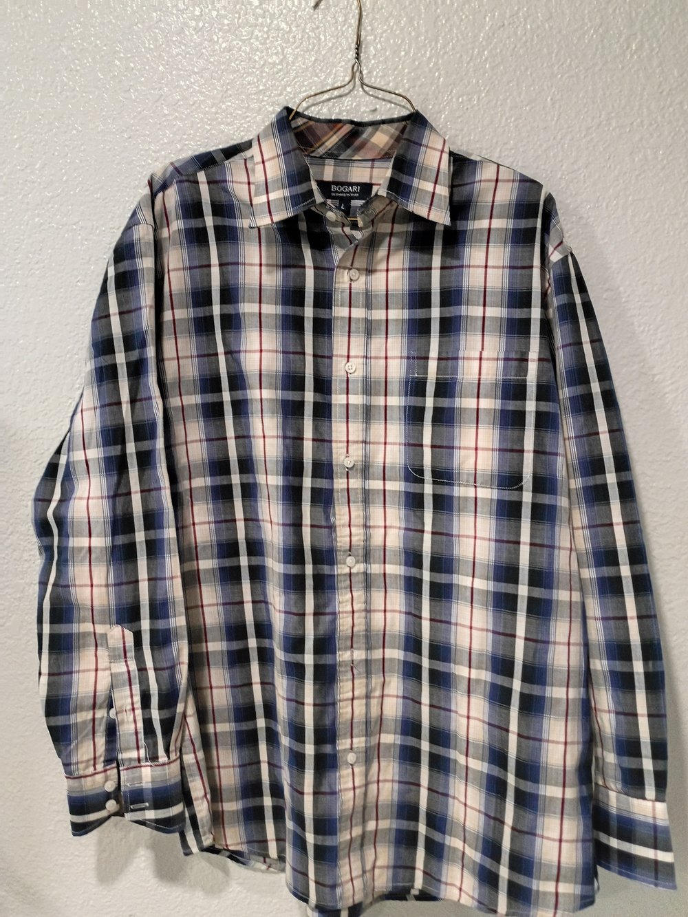Bogart Made In Italy Men's Navy and White Plaid Button-Down Shirt L